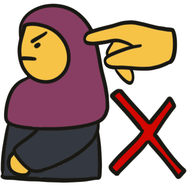 a frowning person in a burgundy hijab and dark grey shirt or abaya facing away from a hand poking their hijab. there is a big red 'x' below the hand.